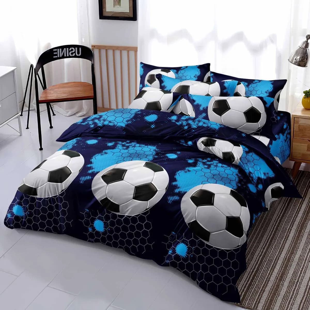 Pościel Bawełna 3cz 160/200 Wzór Piłka Nożna Granatowa