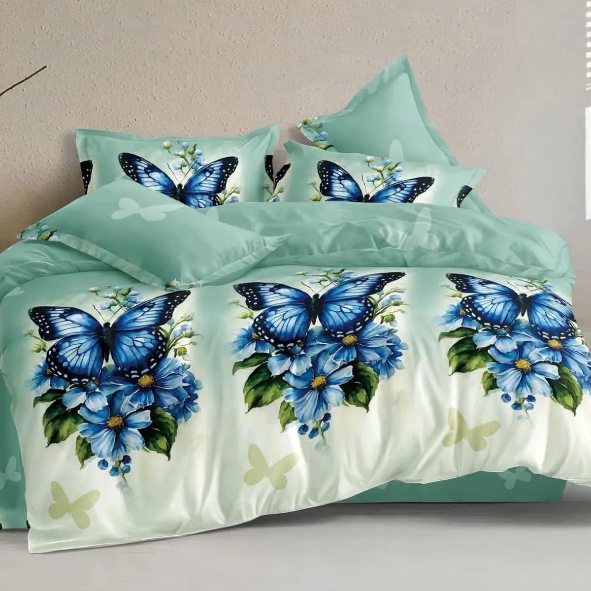 Pościel bawełniana 3cz 160/200 miętowa z niebieskimi motylami