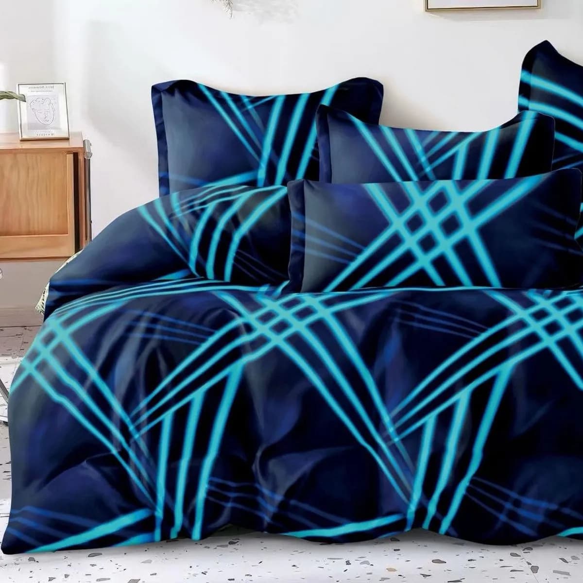 Pościel Bawełniana 3cz 160/200 Granatowa w Neonowe Linie