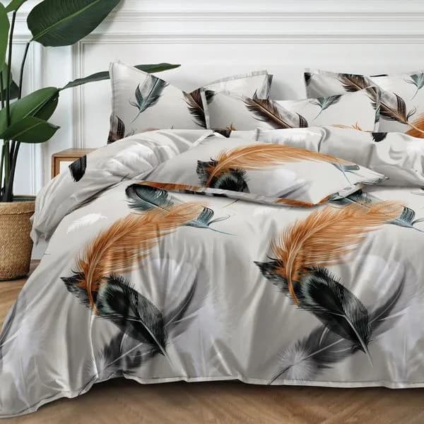 Pościel bawełna satyna 140x200cm 4cz wzór pióra szara
