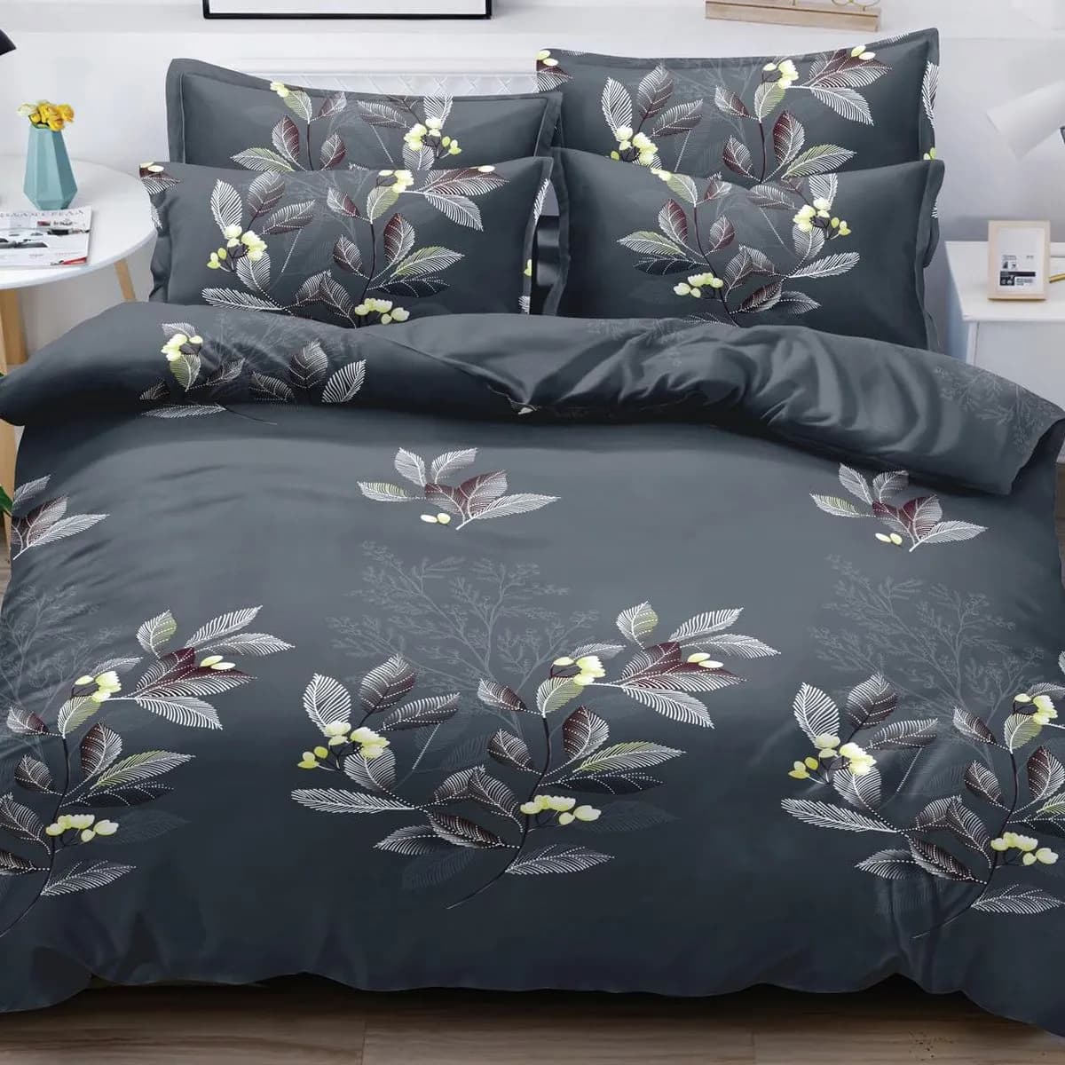 Pościel Bawełna Satyna 140x200cm 4cz Ciemnoszara w Liście