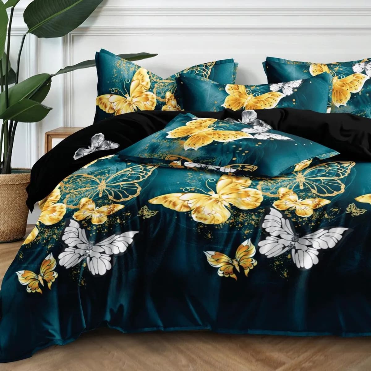 Pościel bawełna satyna 180x200cm 4cz wzór złote motyle morska