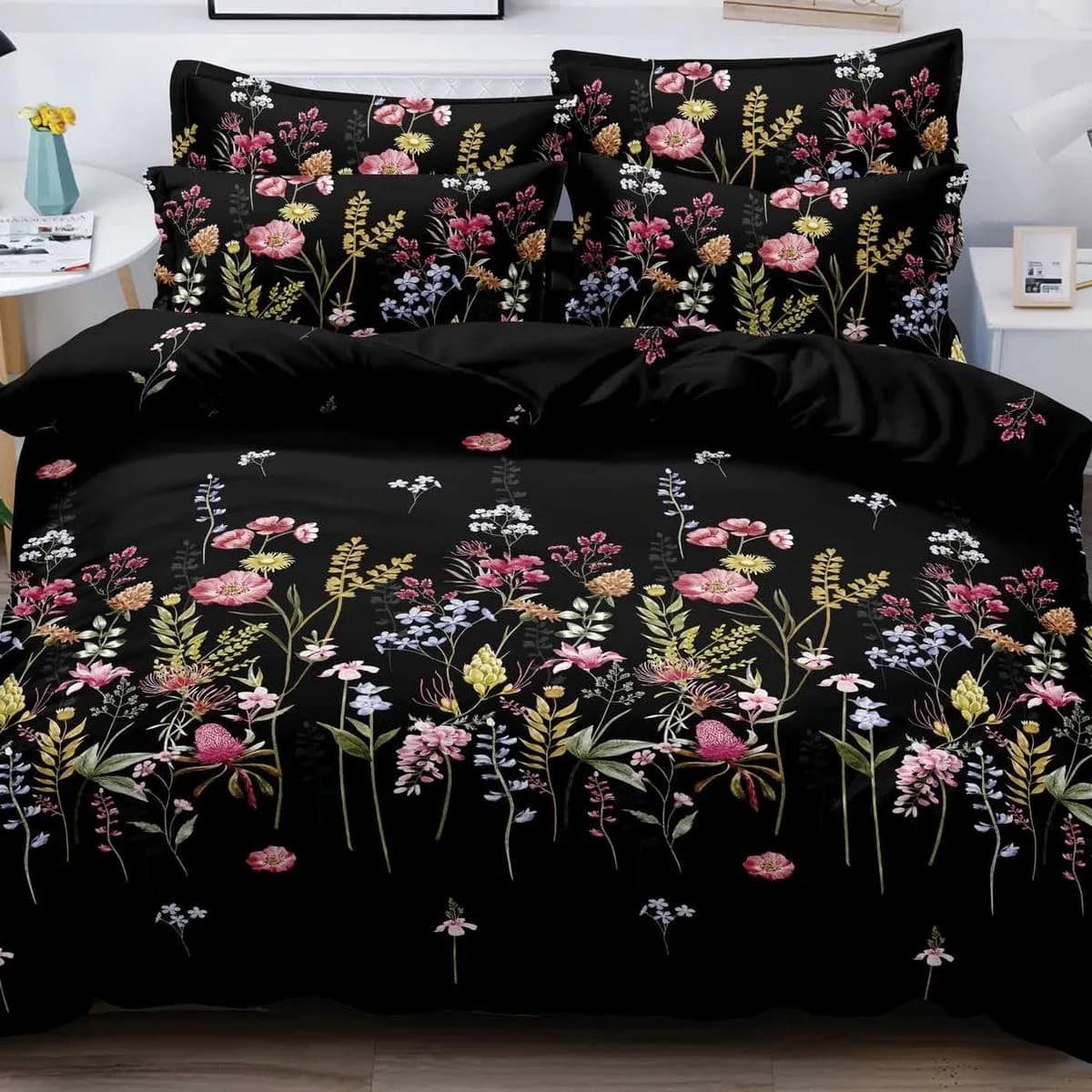 Pościel Bawełna Satyna 180x200cm 4cz Czarna w Kwiaty Polne