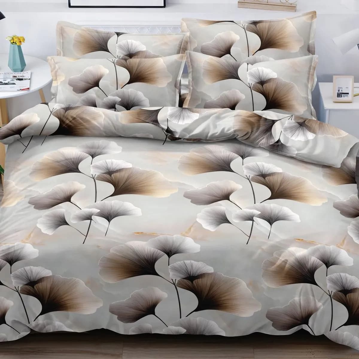 Pościel Bawełna Satyna 180x200cm 4CZ Wzór Liście Miłorzębu