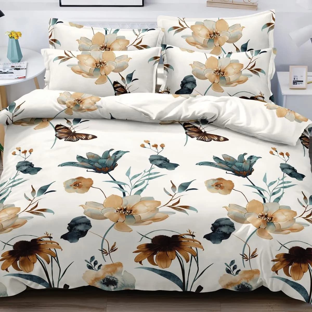 Pościel Bawełna Satyna 180x200cm 4cz Wzór Kwiaty i Motyle