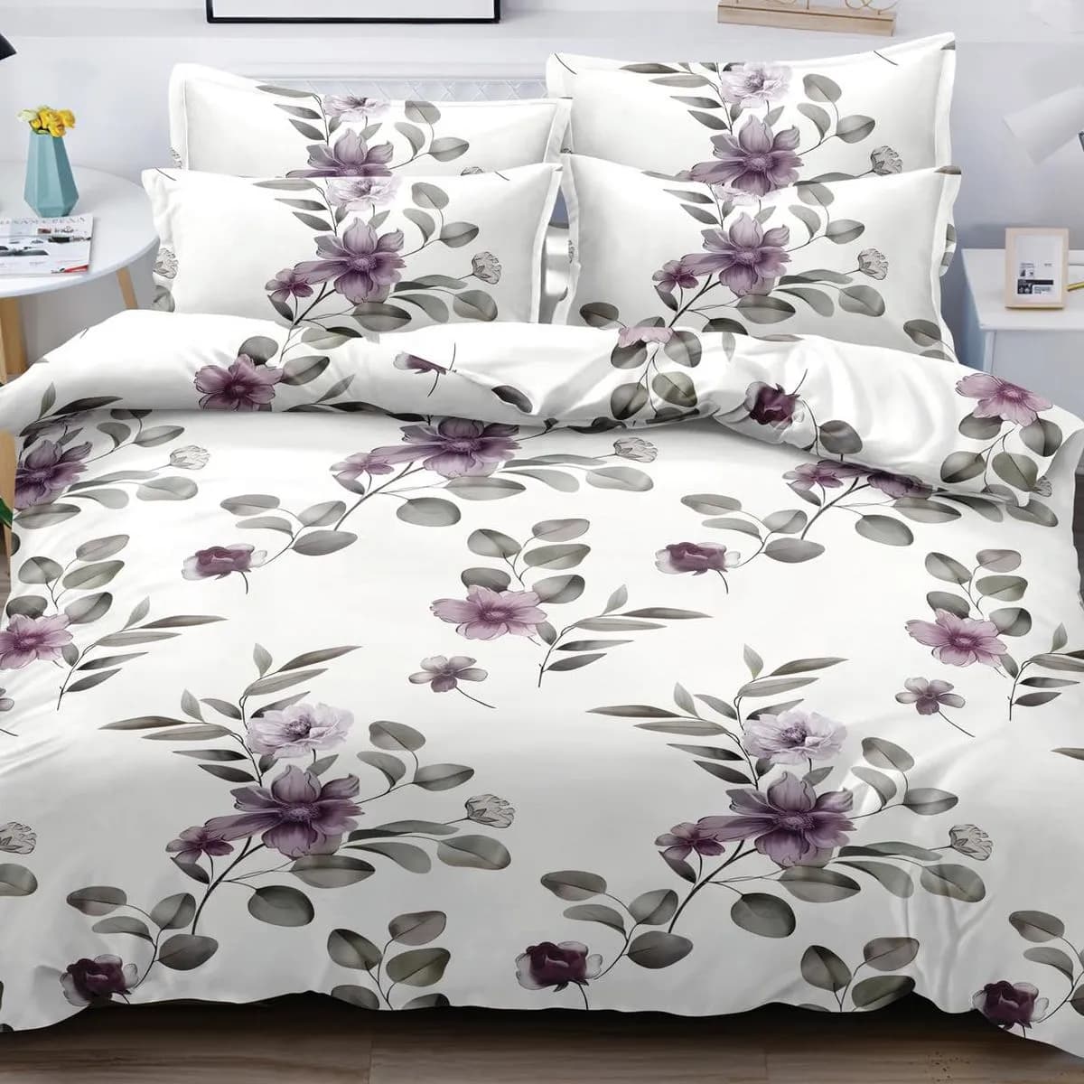 Pościel Bawełna Satyna 180x200cm 4cz Biała w Fioletowe Kwiaty