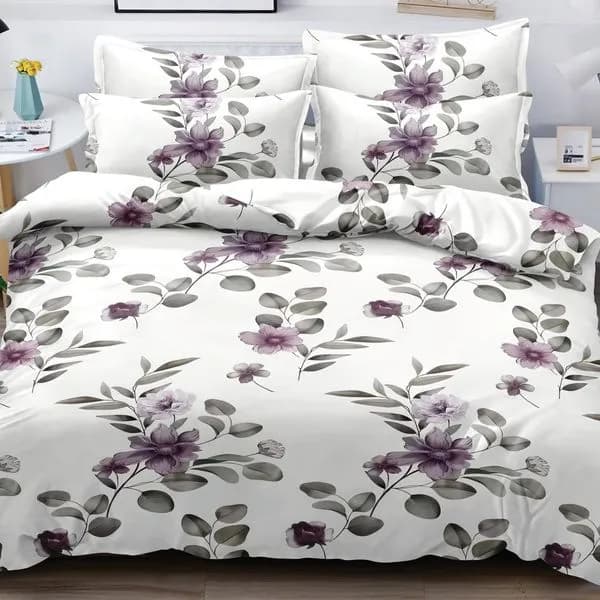 Pościel Bawełna Satyna 180x200cm 4cz Biała w Fioletowe Kwiaty