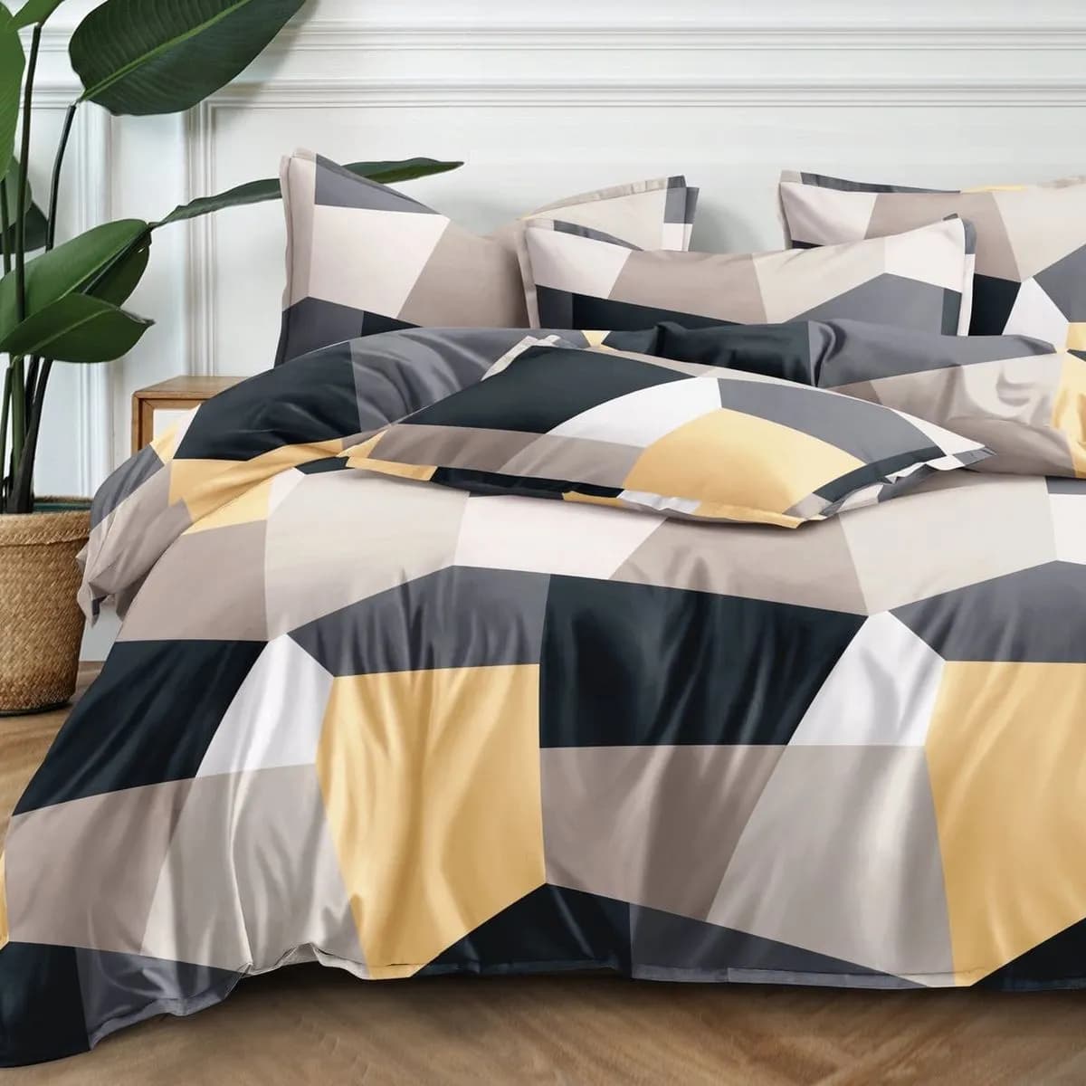 Pościel Bawełna Satyna 180x200cm 4cz Wzór Geometryczny Żółto-Szary