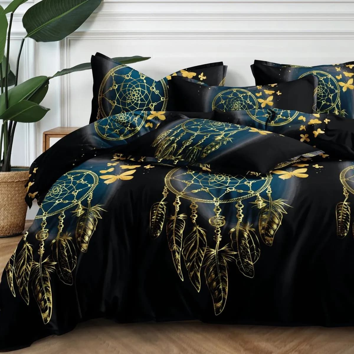 Pościel Bawełna Satyna 180x200cm 4cz Wzór Łapacz Snów Czarno-Złota