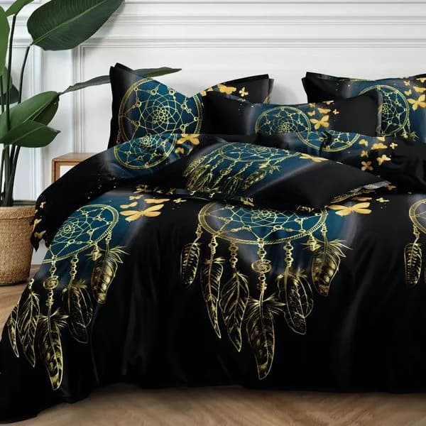 Pościel Bawełna Satyna 180x200cm 4cz Wzór Łapacz Snów Czarno-Złota