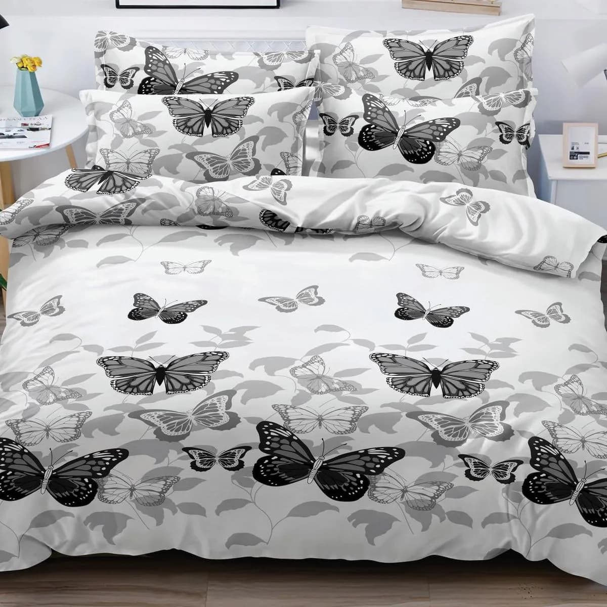 Pościel bawełna satyna 180x200cm 4cz biała wzór czarne motyle