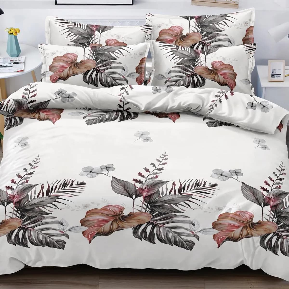 Pościel bawełna satyna 180x200cm 4cz wzór liście monstera A081