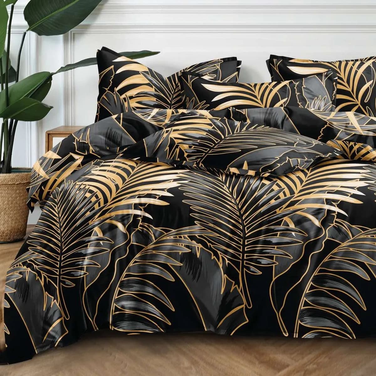 Pościel bawełna satyna 180x200cm 4cz czarno-złote liście palmowe