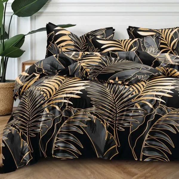 Pościel bawełna satyna 180x200cm 4cz czarno-złote liście palmowe