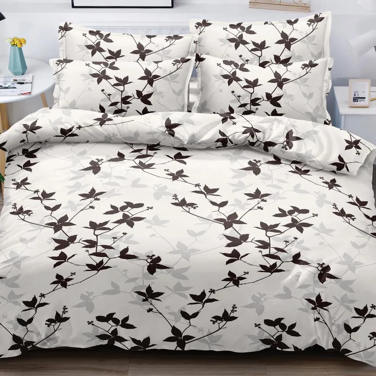 Pościel Bawełna Satyna 180x200cm 4cz Wzór Liście Biało-Brązowa