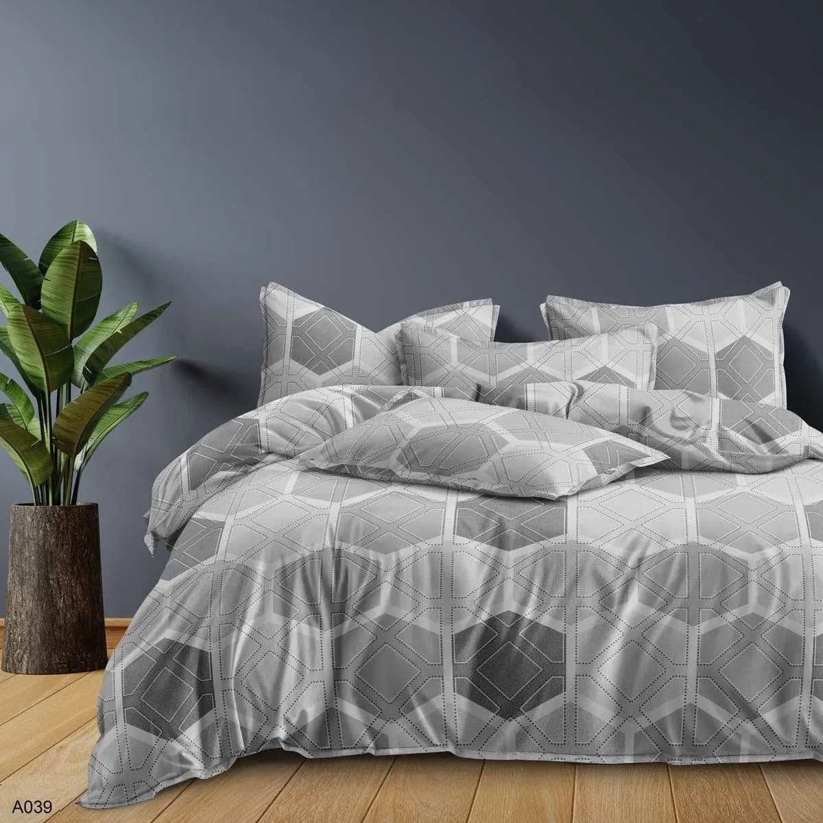 Pościel Bawełna Satyna 200x220cm 4cz Szary Wzór Geometryczny