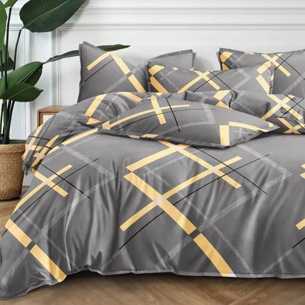 Pościel Bawełna Satyna 200x220cm 4cz Szara w Żółtą Kratę