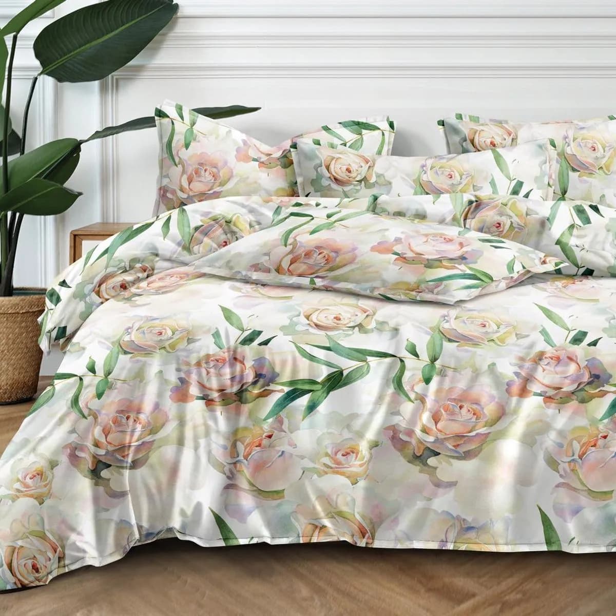 Pościel bawełna satyna 200x220cm 4cz wzór w róże i liście