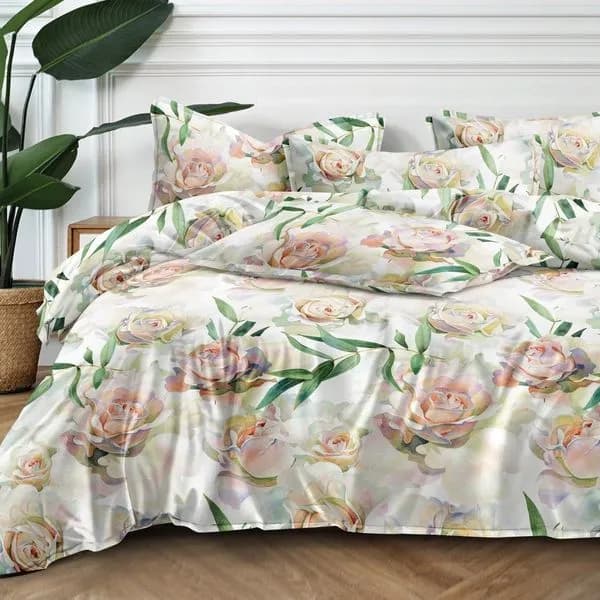 Pościel bawełna satyna 200x220cm 4cz wzór w róże i liście