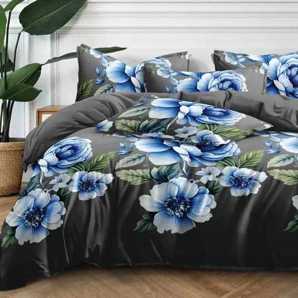 Pościel bawełna satyna 200x220cm 4cz szara w niebieskie kwiaty