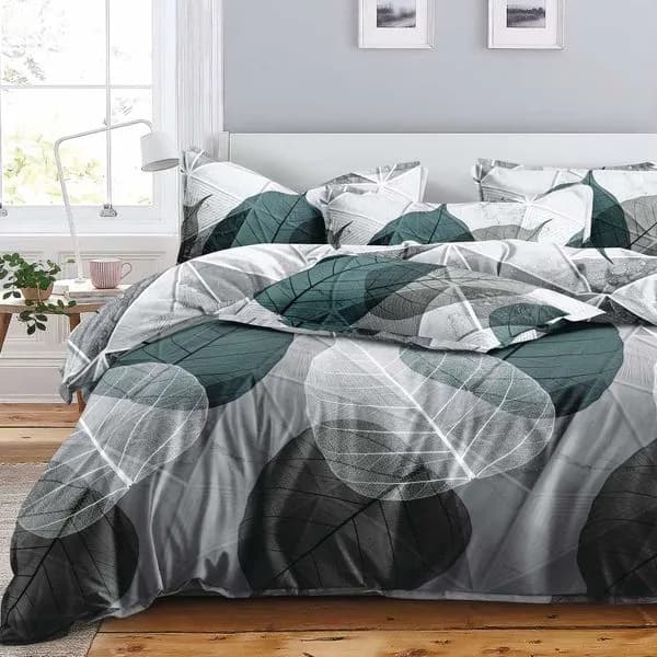 Pościel Bawełna Satyna 200x220cm 4cz Wzór Liście Szaro-Zielona
