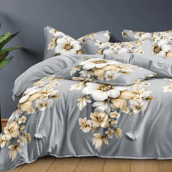 Pościel Bawełna Satyna 200x220cm 4cz Szara w Kwiaty