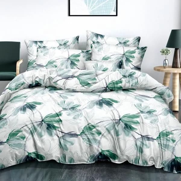 Pościel Bawełna Satyna 200x220cm 4cz - Biała w Zielone Liście