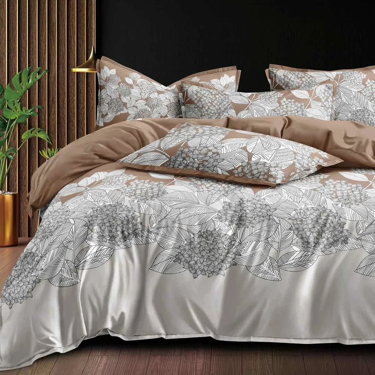 Pościel bawełna satyna 200x220cm 4cz beżowa kwiaty wzór 368