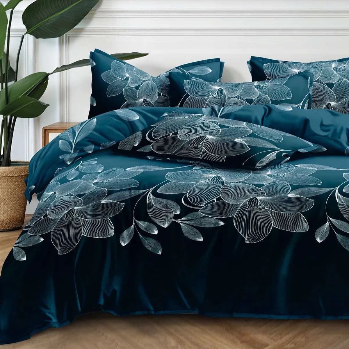 Pościel Bawełna Satyna 200x220cm 4cz Ciemny Turkus Kwiaty