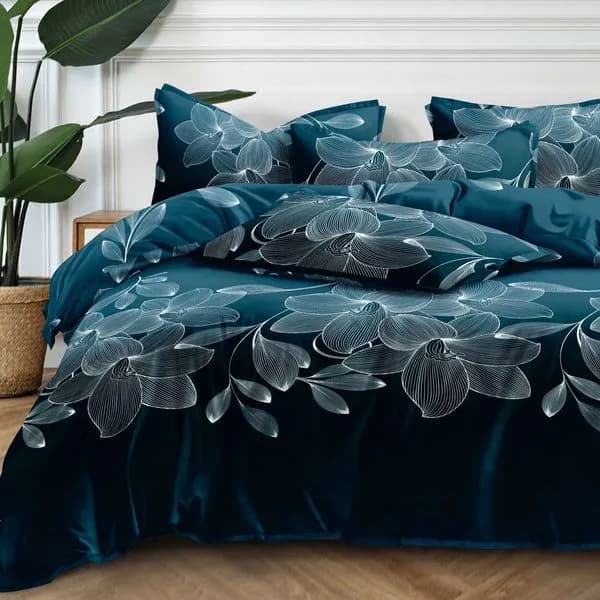 Pościel Bawełna Satyna 200x220cm 4cz Ciemny Turkus Kwiaty