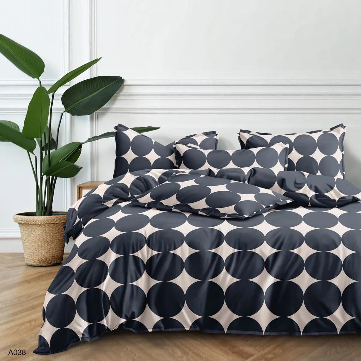 Pościel Bawełna Satyna 200x220cm 4cz Granatowe Duże Grochy