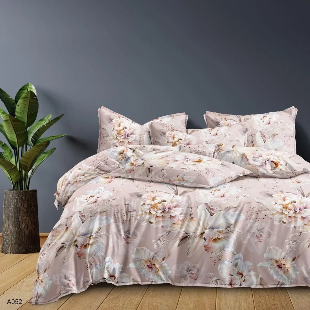 Pościel Bawełna Satyna 200x220cm 4cz Kwiatowy Wzór Pudrowy Róż