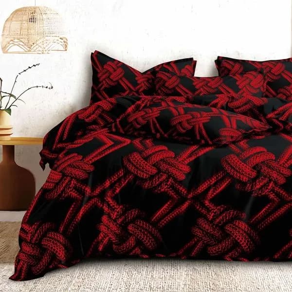 Pościel Bawełna Satyna 200x220cm 4cz Czarno-Czerwona Wzór Sploty