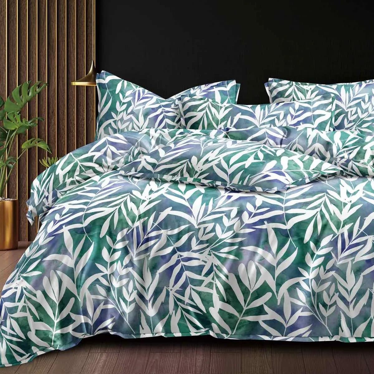 Pościel Bawełna Satyna 200x220cm 4cz Wzór Liście Zielona