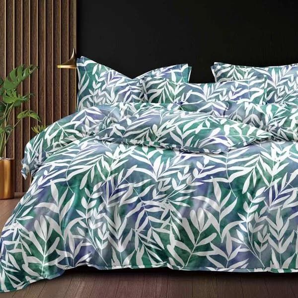Pościel Bawełna Satyna 200x220cm 4cz Wzór Liście Zielona