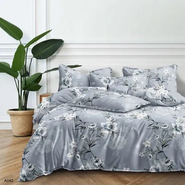 Pościel Bawełna Satyna 200x220cm 4cz Szara w Kwiaty A042