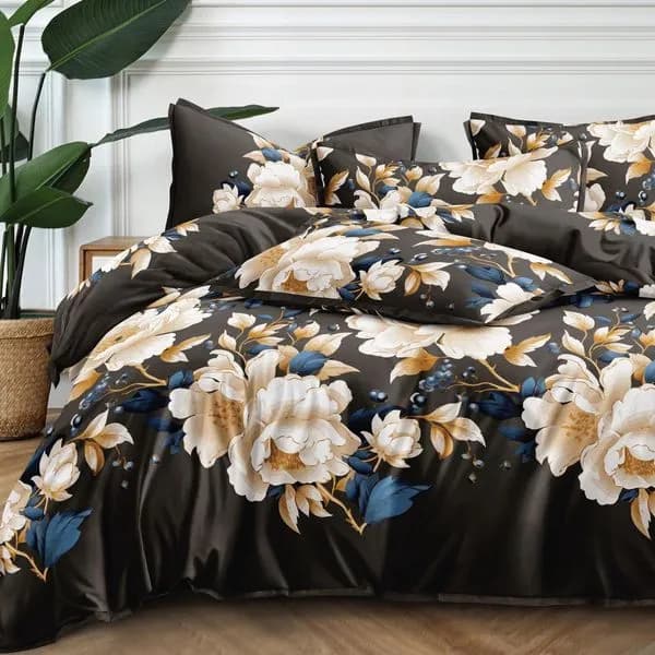 Pościel Bawełna Satyna 200x220cm 4cz Ciemny Brąz Kwiaty