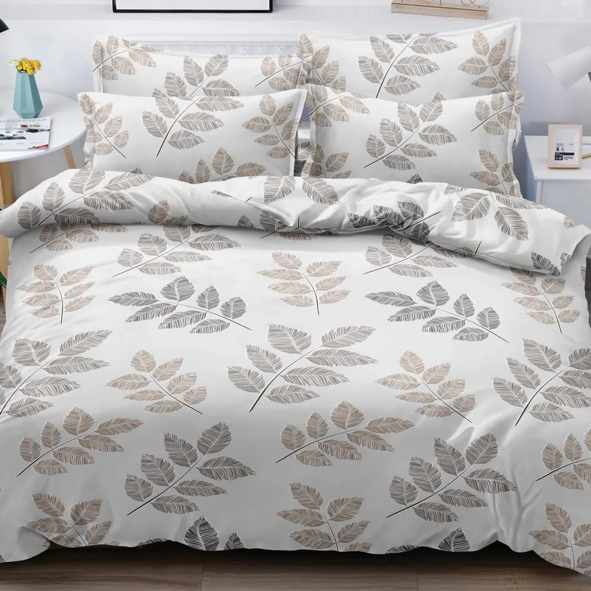 Pościel bawełna satyna 200x220cm 4cz biała w liście beżowe