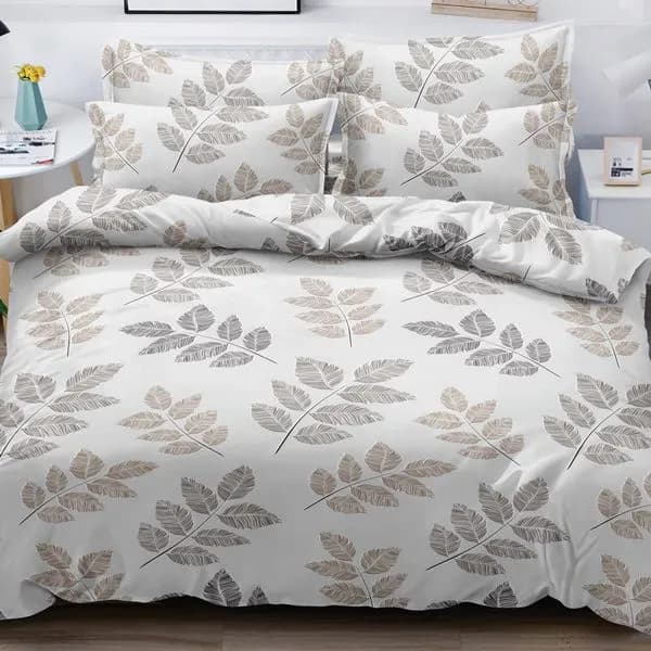 Pościel bawełna satyna 200x220cm 4cz biała w liście beżowe