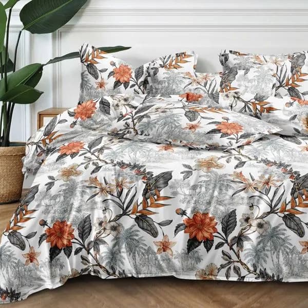Pościel Bawełna Satyna 200x220cm 4cz Wzór Kwiatowy Pomarańczowy