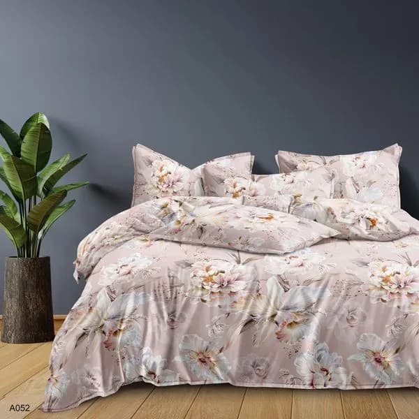 Pościel Bawełna Satyna 160x200cm 4cz Kwiaty Beżowo-Różowa A052