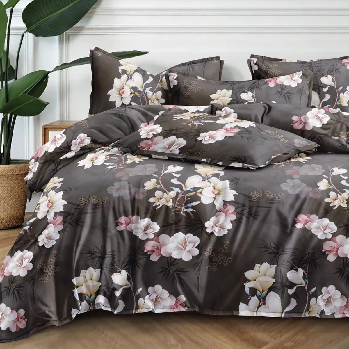 Pościel Bawełna Satyna 160x200cm 4cz Ciemna w Kwiaty A013