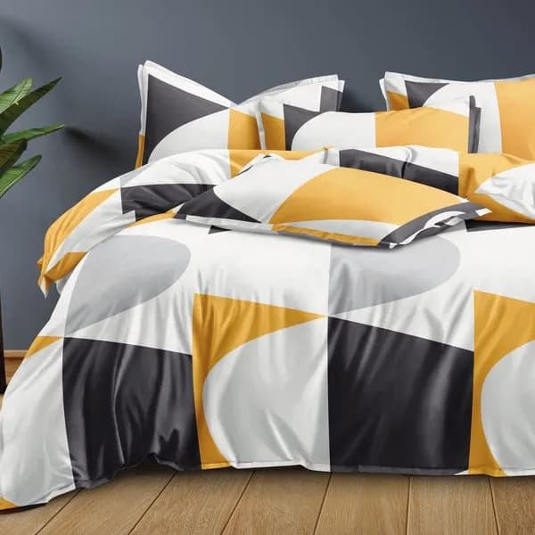 Pościel Bawełna Satyna 160x200cm 4cz Wzór Geometryczny Żółto-Szary