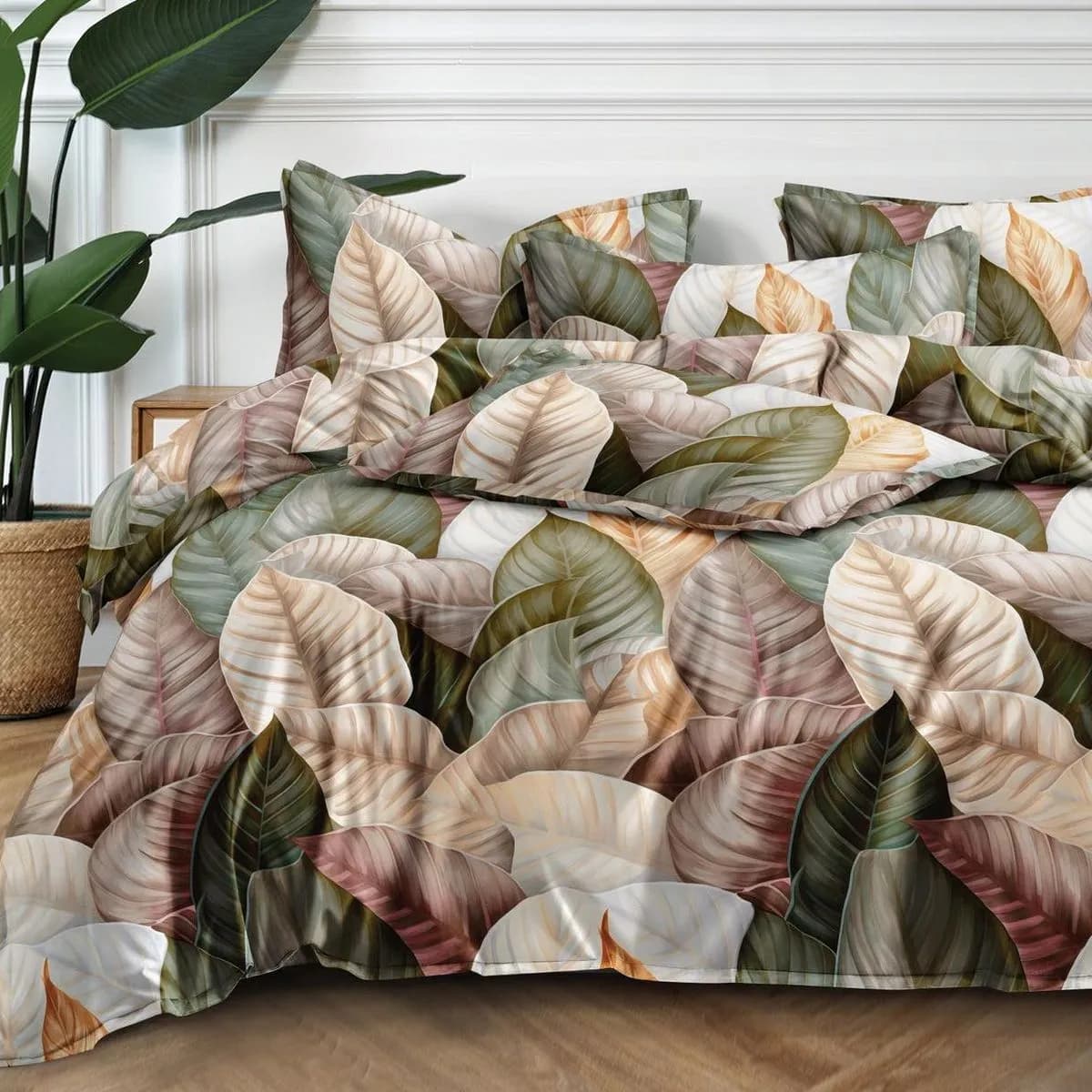 Pościel Bawełna Satyna 160x200cm 4cz Wzór Liście Botaniczne