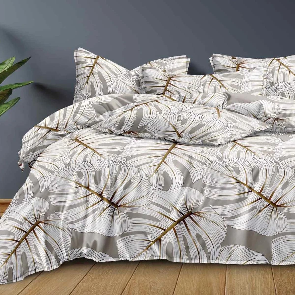 Pościel bawełna satyna 160x200cm 4cz, wzór liście monstera