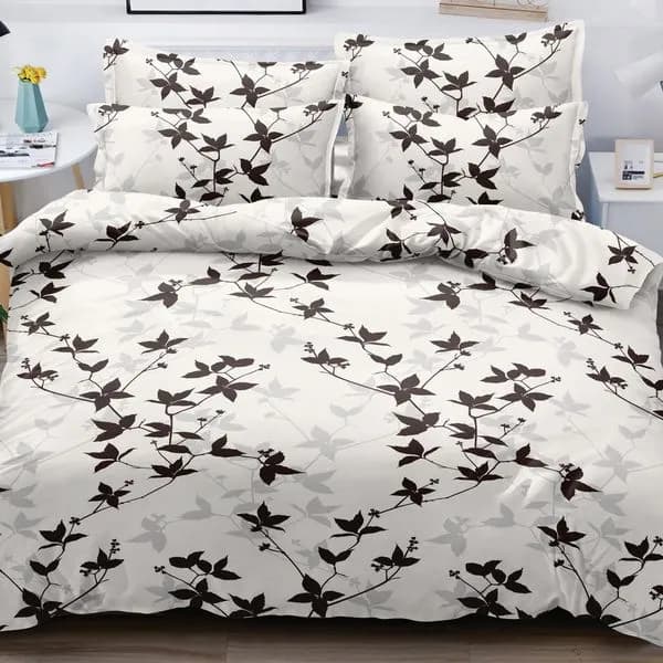 Pościel Bawełna Satyna 160x200cm 4cz Biała w Brązowe Liście