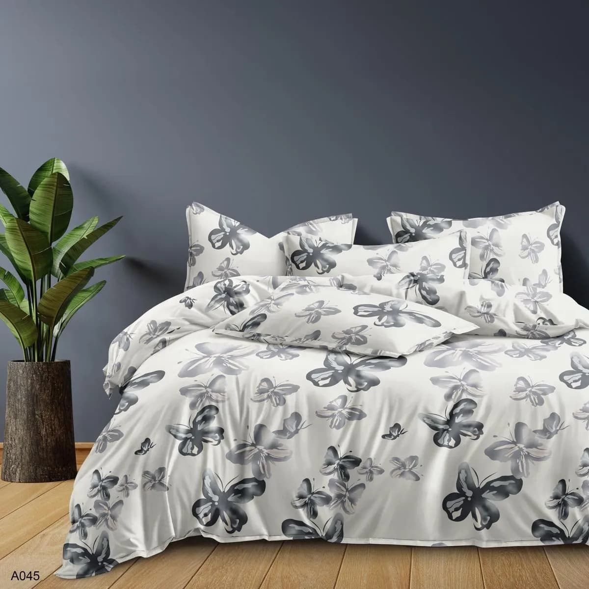 Pościel bawełna satyna 160x200cm 4cz biała w szare motyle