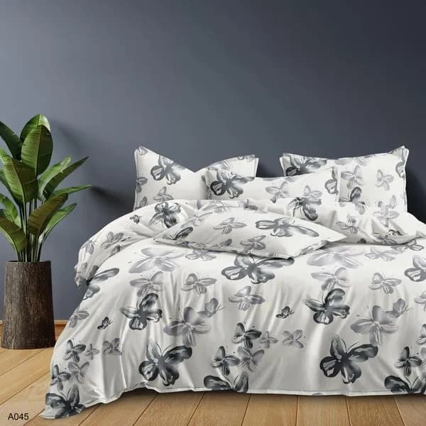 Pościel bawełna satyna 160x200cm 4cz biała w szare motyle