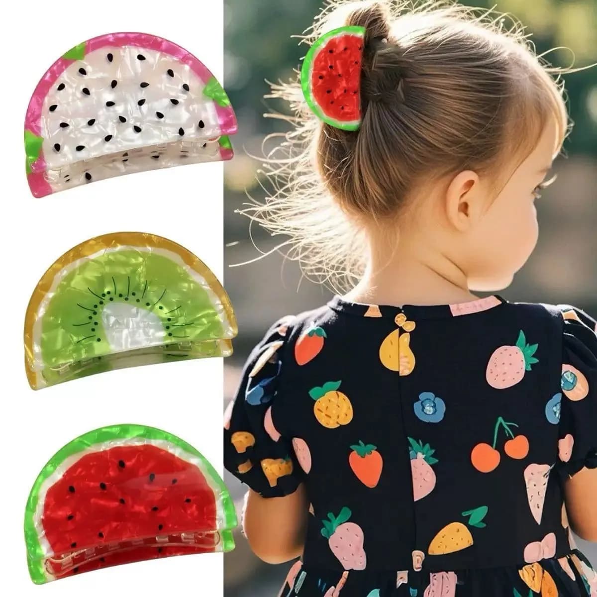 Klamry do włosów owoce mix arbuz kiwi dragonfruit 12 szt