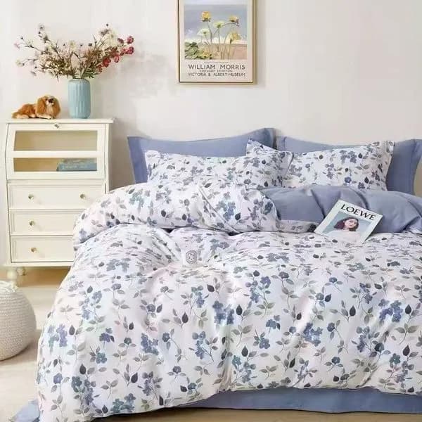 Pościel Bawełniana 3cz 160x200cm Błękitna w Kwiaty